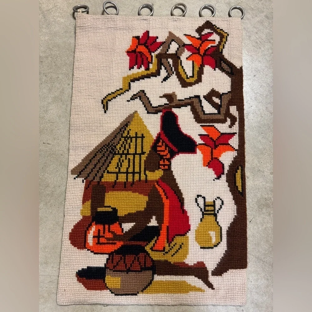 Vintage MCM Handmade Needlepoint Crewel Tapestry African Wall Hanging Art Decor